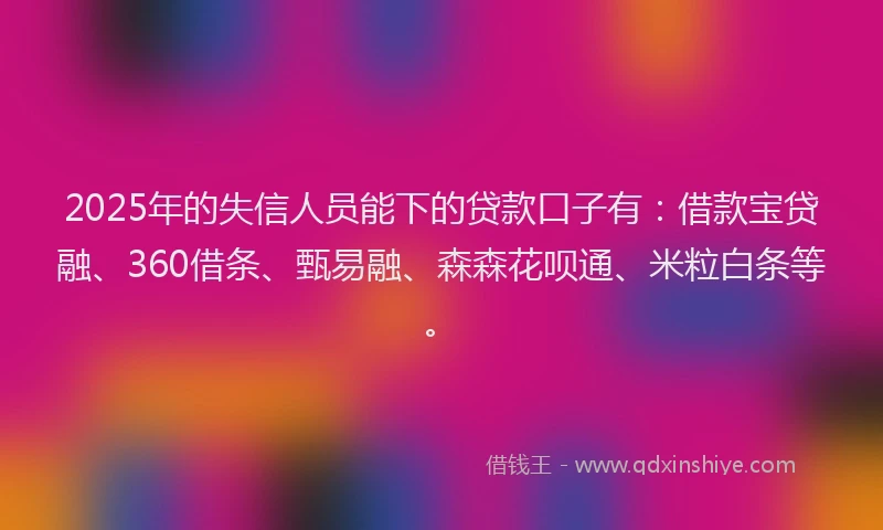 2025年的失信人员能下的贷款口子有：借款宝贷融、360借条、甄易融、森森花呗通、米粒白条等。