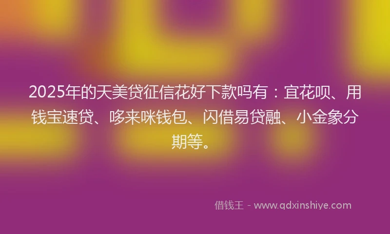 2025年的天美贷征信花好下款吗有：宜花呗、用钱宝速贷、哆来咪钱包、闪借易贷融、小金象分期等。