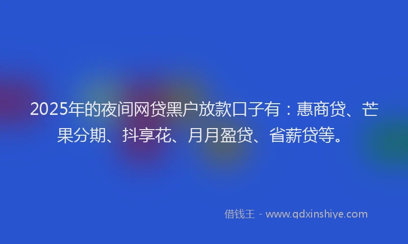 2025年的夜间网贷黑户放款口子有：惠商贷、芒果分期、抖享花、月月盈贷、省薪贷等。