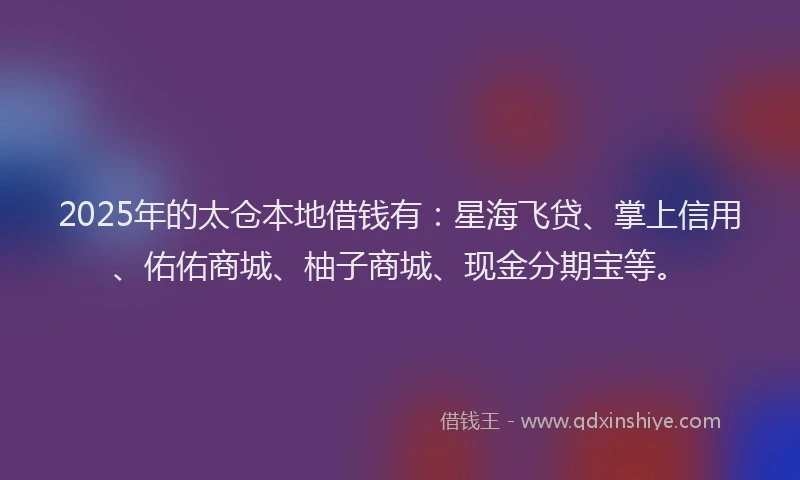 2025年的太仓本地借钱有：星海飞贷、掌上信用、佑佑商城、柚子商城、现金分期宝等。