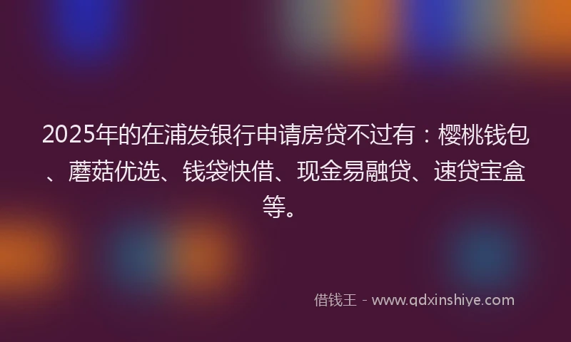 2025年的在浦发银行申请房贷不过有：樱桃钱包、蘑菇优选、钱袋快借、现金易融贷、速贷宝盒等。