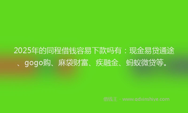 2025年的同程借钱容易下款吗有：现金易贷通途、gogo购、麻袋财富、疾融金、蚂蚁微贷等。