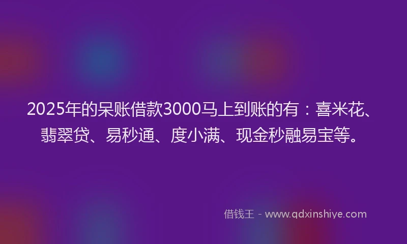 2025年的呆账借款3000马上到账的有：喜米花、翡翠贷、易秒通、度小满、现金秒融易宝等。