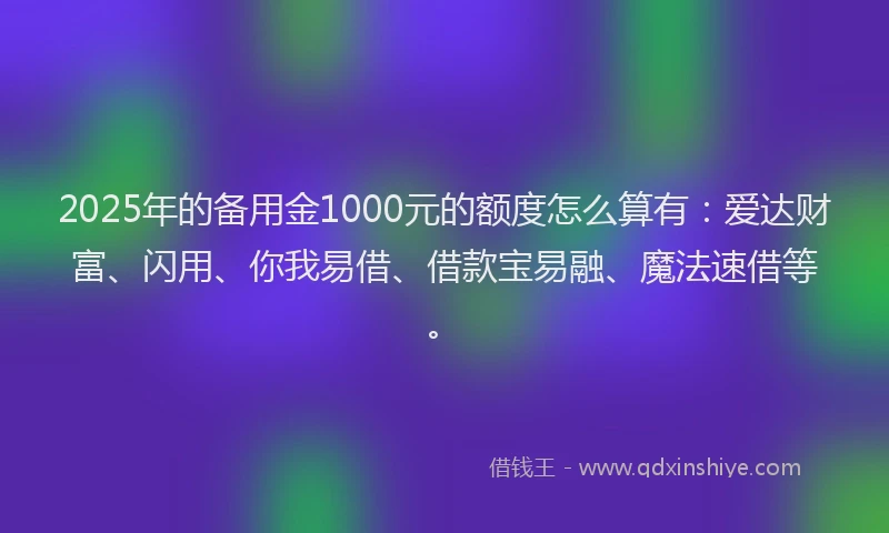 2025年的备用金1000元的额度怎么算有：爱达财富、闪用、你我易借、借款宝易融、魔法速借等。