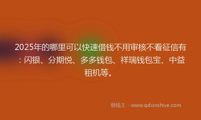 2025年的哪里可以快速借钱不用审核不看征信有：闪银、分期悦、多多钱包、祥瑞钱包宝、中益租机等。