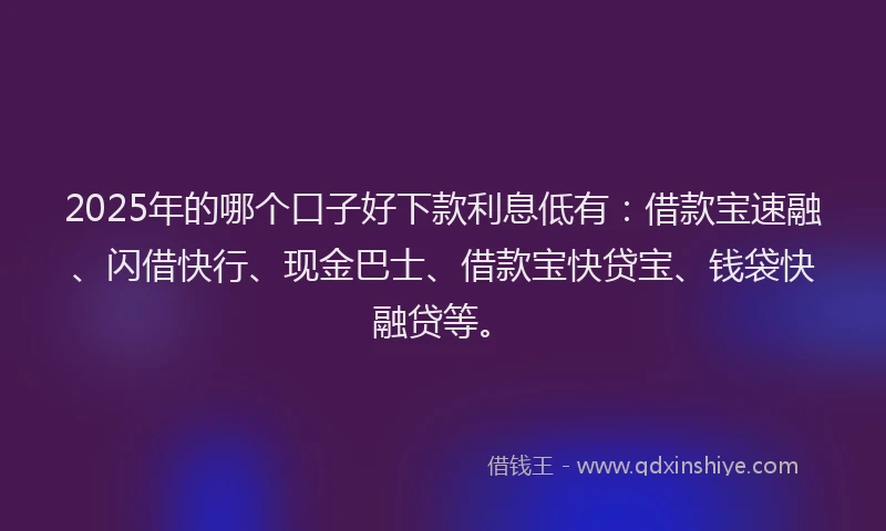 2025年的哪个口子好下款利息低有：借款宝速融、闪借快行、现金巴士、借款宝快贷宝、钱袋快融贷等。