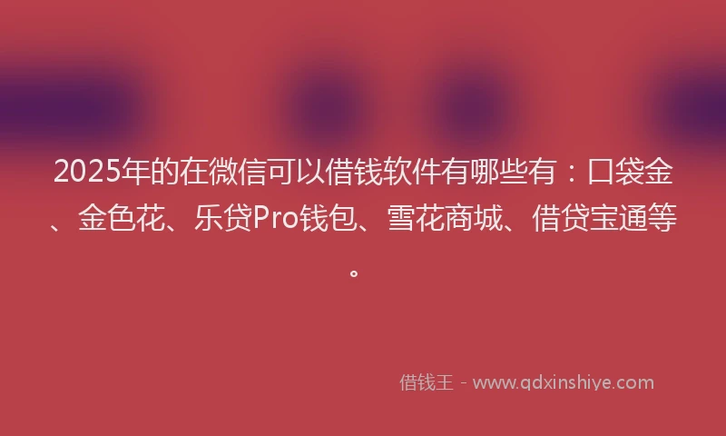 2025年的在微信可以借钱软件有哪些有：口袋金、金色花、乐贷Pro钱包、雪花商城、借贷宝通等。