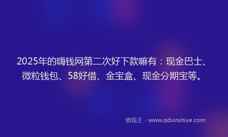 2025年的嗨钱网第二次好下款嘛有：现金巴士、微粒钱包、58好借、金宝盒、现金分期宝等。