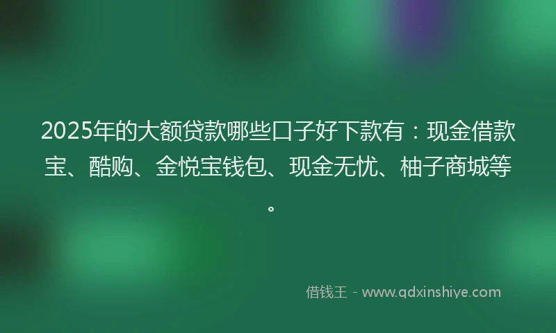 2025年的大额贷款哪些口子好下款有：现金借款宝、酷购、金悦宝钱包、现金无忧、柚子商城等。