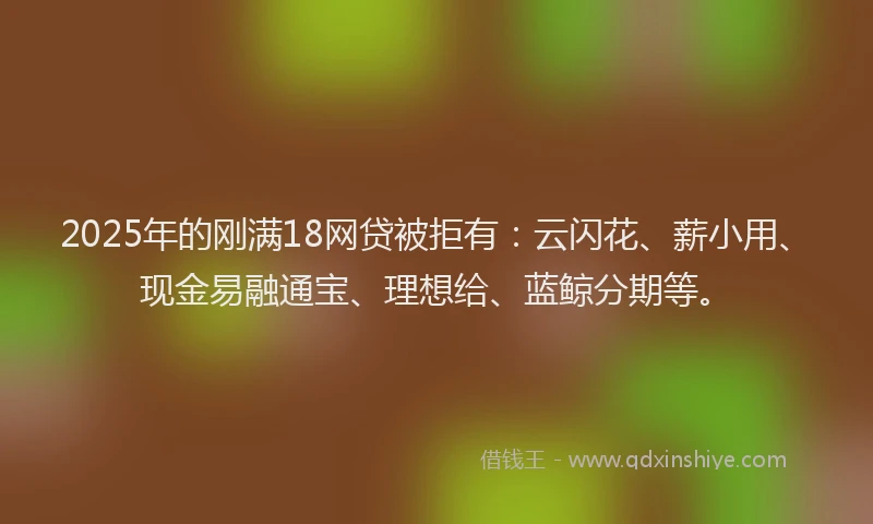 2025年的刚满18网贷被拒有：云闪花、薪小用、现金易融通宝、理想给、蓝鲸分期等。