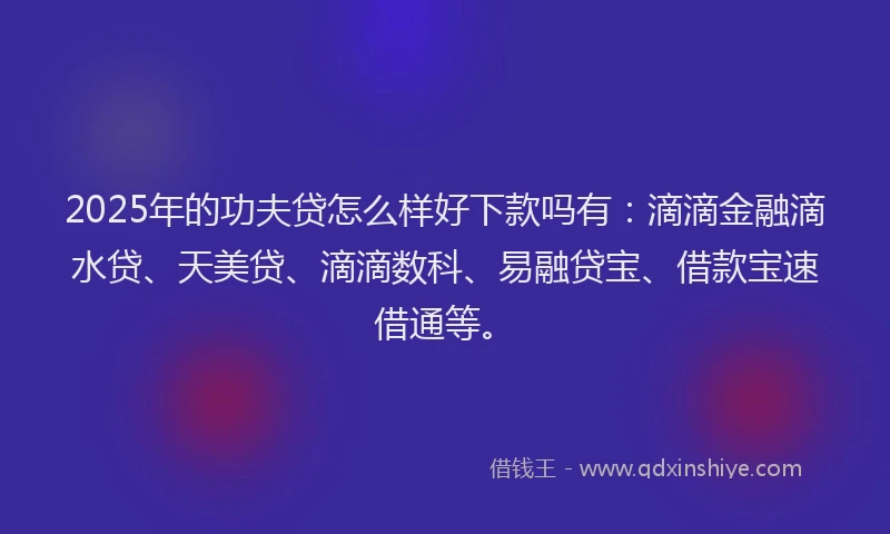 2025年的功夫贷怎么样好下款吗有：滴滴金融滴水贷、天美贷、滴滴数科、易融贷宝、借款宝速借通等。