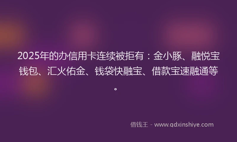 2025年的办信用卡连续被拒有：金小豚、融悦宝钱包、汇火佑金、钱袋快融宝、借款宝速融通等。