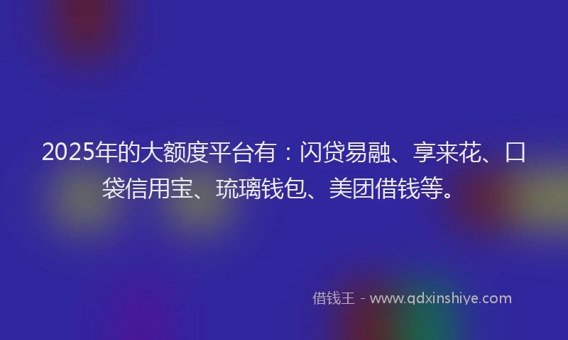 2025年的大额度平台有：闪贷易融、享来花、口袋信用宝、琉璃钱包、美团借钱等。