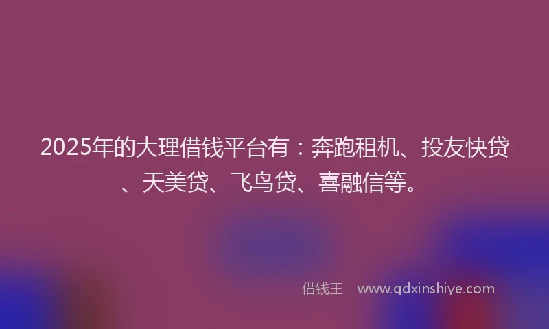 2025年的大理借钱平台有：奔跑租机、投友快贷、天美贷、飞鸟贷、喜融信等。