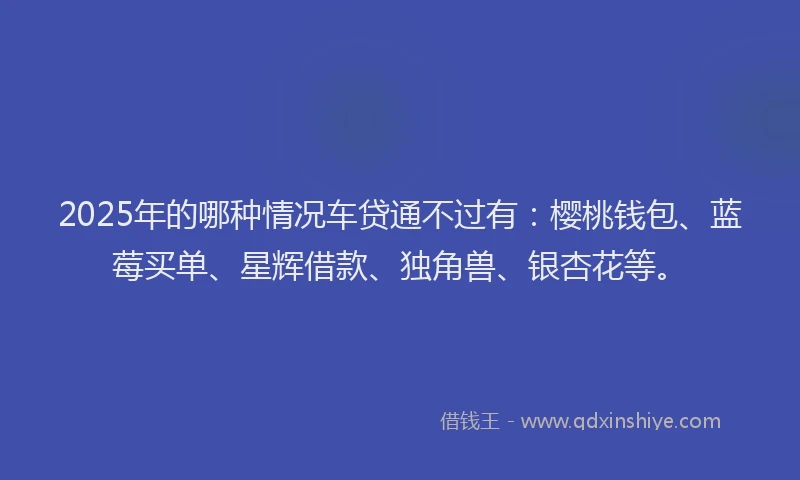 2025年的哪种情况车贷通不过有：樱桃钱包、蓝莓买单、星辉借款、独角兽、银杏花等。
