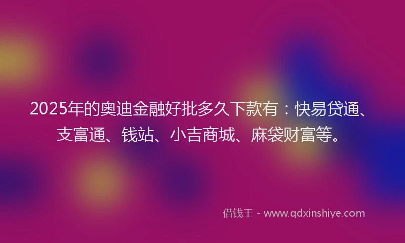 2025年的奥迪金融好批多久下款有：快易贷通、支富通、钱站、小吉商城、麻袋财富等。