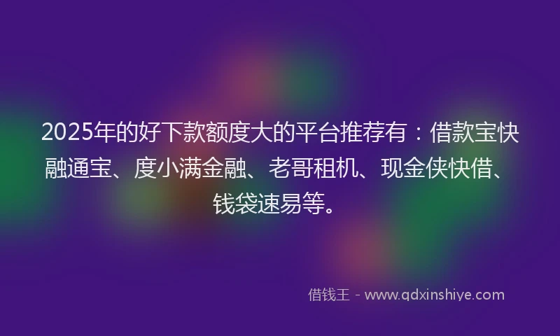 2025年的好下款额度大的平台推荐有：借款宝快融通宝、度小满金融、老哥租机、现金侠快借、钱袋速易等。