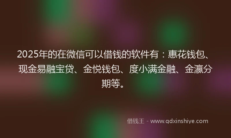 2025年的在微信可以借钱的软件有：惠花钱包、现金易融宝贷、金悦钱包、度小满金融、金瀛分期等。