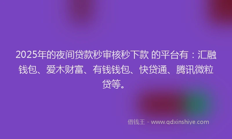 2025年的夜间贷款秒审核秒下款 的平台有：汇融钱包、爱木财富、有钱钱包、快贷通、腾讯微粒贷等。
