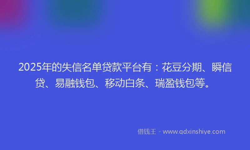 2025年的失信名单贷款平台有：花豆分期、瞬信贷、易融钱包、移动白条、瑞盈钱包等。