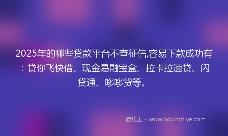 2025年的哪些贷款平台不查征信,容易下款成功有：贷你飞快借、现金易融宝盒、拉卡拉速贷、闪贷通、哆哆贷等。