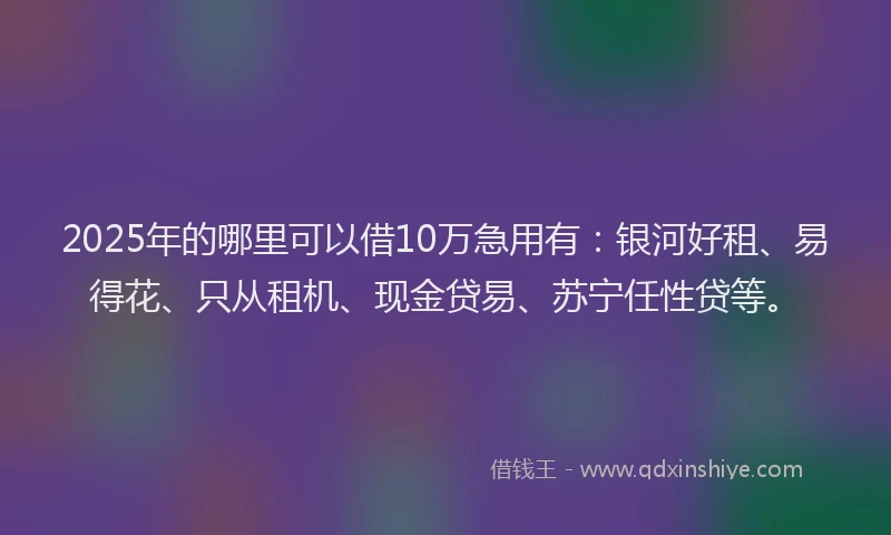 2025年的哪里可以借10万急用有：银河好租、易得花、只从租机、现金贷易、苏宁任性贷等。