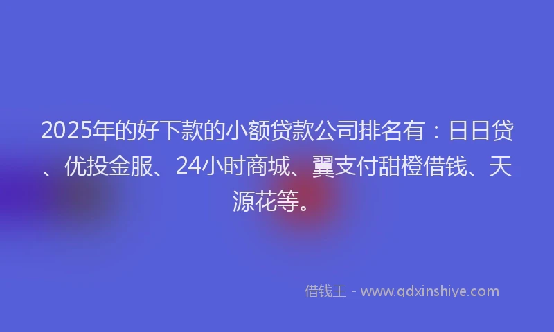2025年的好下款的小额贷款公司排名有：日日贷、优投金服、24小时商城、翼支付甜橙借钱、天源花等。