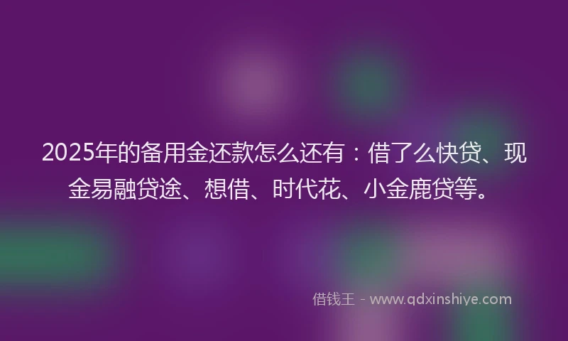 2025年的备用金还款怎么还有：借了么快贷、现金易融贷途、想借、时代花、小金鹿贷等。