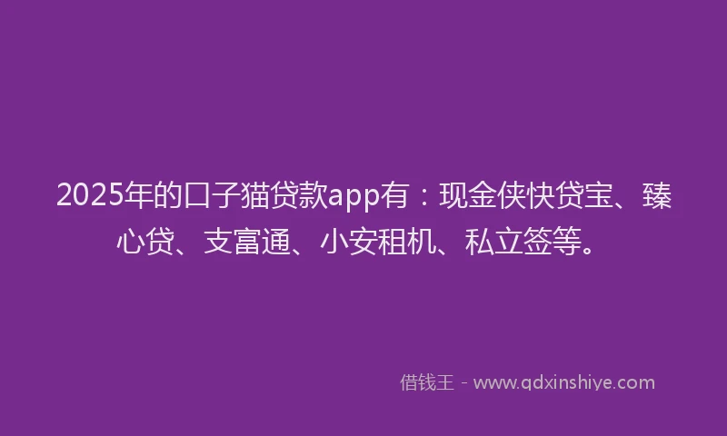 2025年的口子猫贷款app有：现金侠快贷宝、臻心贷、支富通、小安租机、私立签等。