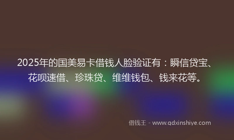 2025年的国美易卡借钱人脸验证有：瞬信贷宝、花呗速借、珍珠贷、维维钱包、钱来花等。