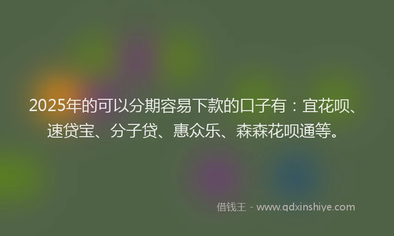 2025年的可以分期容易下款的口子有：宜花呗、速贷宝、分子贷、惠众乐、森森花呗通等。