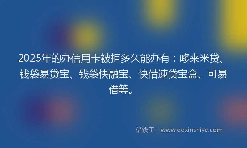 2025年的办信用卡被拒多久能办有：哆来米贷、钱袋易贷宝、钱袋快融宝、快借速贷宝盒、可易借等。
