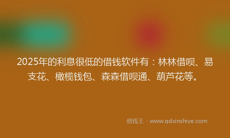 2025年的利息很低的借钱软件有：林林借呗、易支花、橄榄钱包、森森借呗通、葫芦花等。