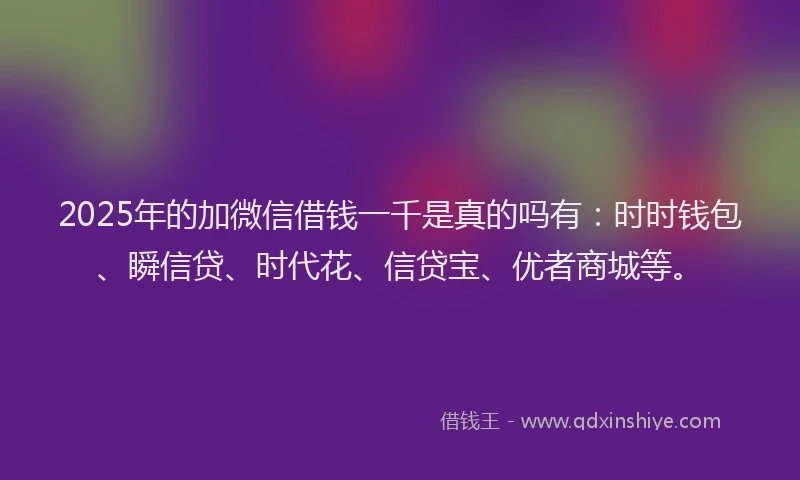 2025年的加微信借钱一千是真的吗有：时时钱包、瞬信贷、时代花、信贷宝、优者商城等。
