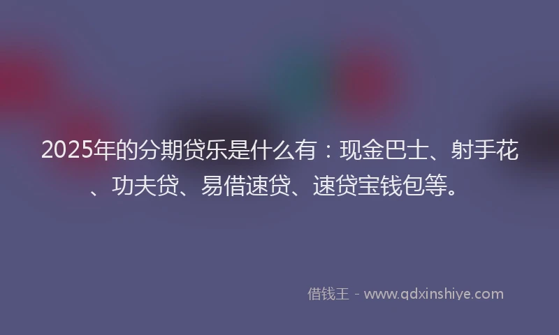 2025年的分期贷乐是什么有：现金巴士、射手花、功夫贷、易借速贷、速贷宝钱包等。