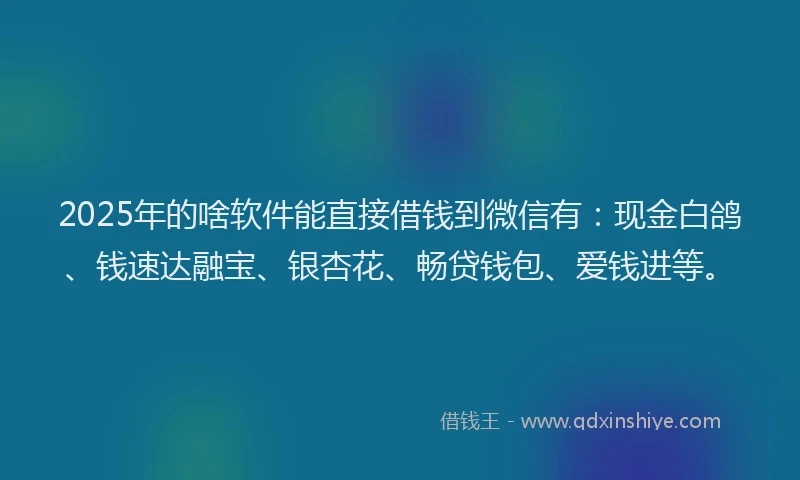 2025年的啥软件能直接借钱到微信有：现金白鸽、钱速达融宝、银杏花、畅贷钱包、爱钱进等。