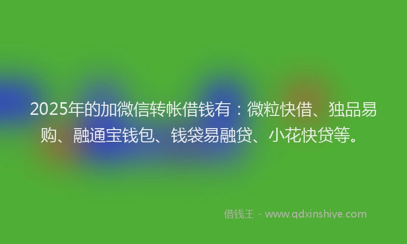 2025年的加微信转帐借钱有：微粒快借、独品易购、融通宝钱包、钱袋易融贷、小花快贷等。