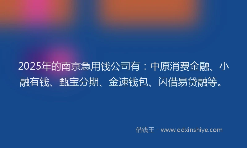 2025年的南京急用钱公司有：中原消费金融、小融有钱、甄宝分期、金速钱包、闪借易贷融等。