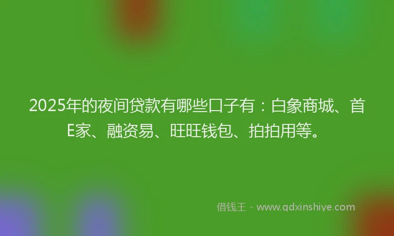 2025年的夜间贷款有哪些口子有：白象商城、首E家、融资易、旺旺钱包、拍拍用等。