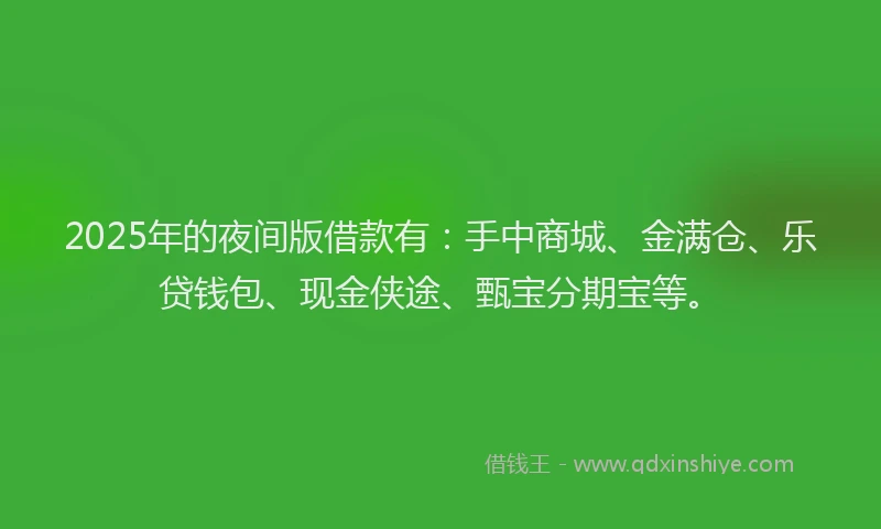 2025年的夜间版借款有：手中商城、金满仓、乐贷钱包、现金侠途、甄宝分期宝等。