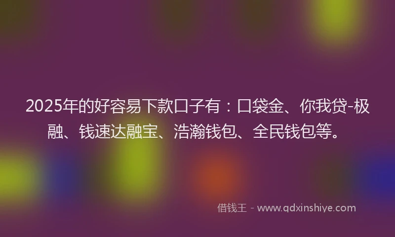2025年的好容易下款口子有：口袋金、你我贷-极融、钱速达融宝、浩瀚钱包、全民钱包等。