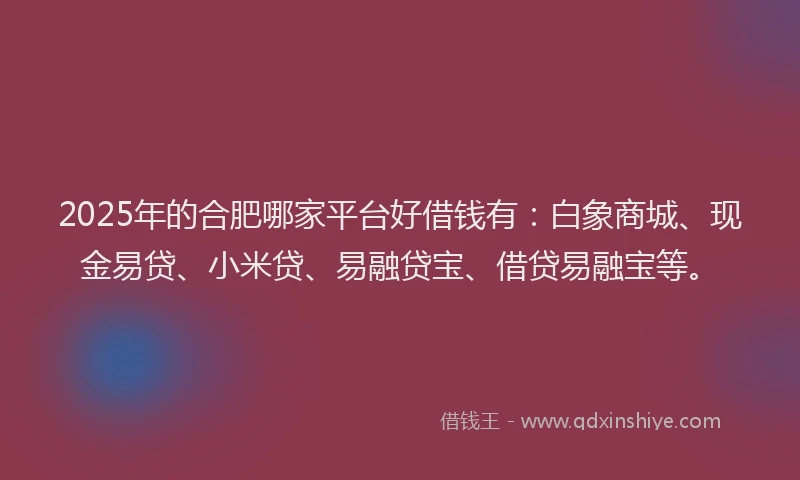 2025年的合肥哪家平台好借钱有：白象商城、现金易贷、小米贷、易融贷宝、借贷易融宝等。