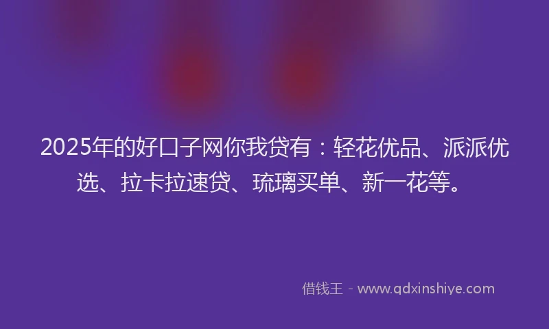2025年的好口子网你我贷有：轻花优品、派派优选、拉卡拉速贷、琉璃买单、新一花等。