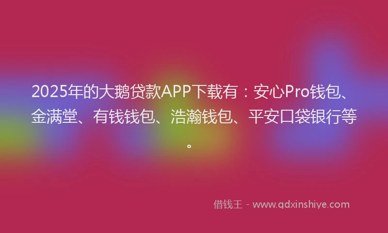2025年的大鹅贷款APP下载有：安心Pro钱包、金满堂、有钱钱包、浩瀚钱包、平安口袋银行等。