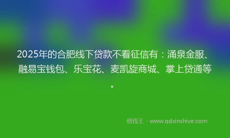 2025年的合肥线下贷款不看征信有：涌泉金服、融易宝钱包、乐宝花、麦凯旋商城、掌上贷通等。