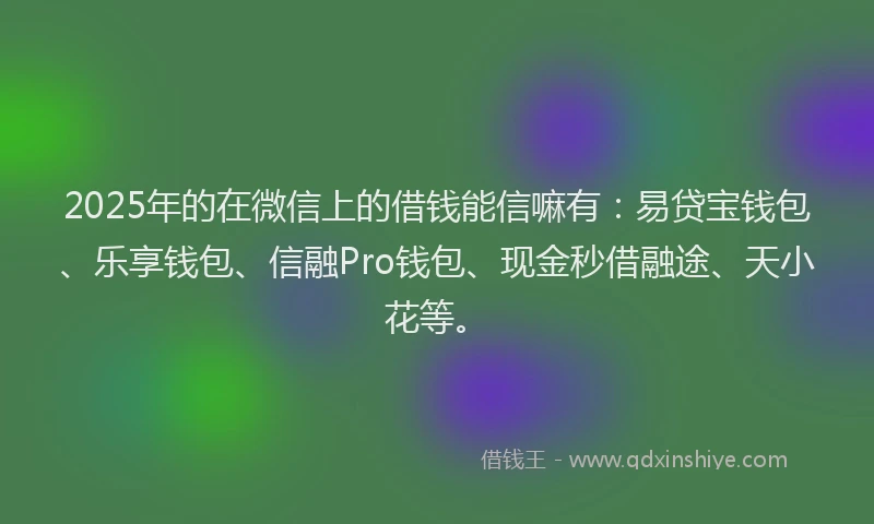2025年的在微信上的借钱能信嘛有：易贷宝钱包、乐享钱包、信融Pro钱包、现金秒借融途、天小花等。