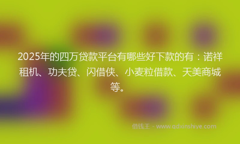 2025年的四万贷款平台有哪些好下款的有：诺祥租机、功夫贷、闪借侠、小麦粒借款、天美商城等。