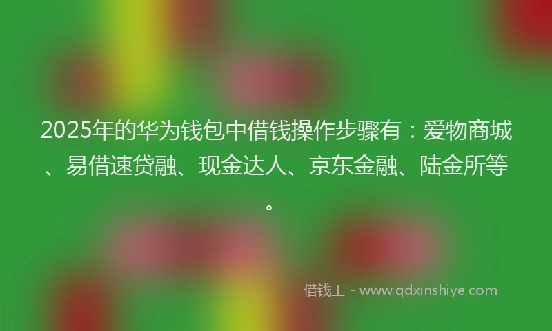2025年的华为钱包中借钱操作步骤有：爱物商城、易借速贷融、现金达人、京东金融、陆金所等。