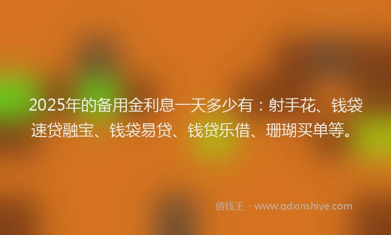 2025年的备用金利息一天多少有：射手花、钱袋速贷融宝、钱袋易贷、钱贷乐借、珊瑚买单等。