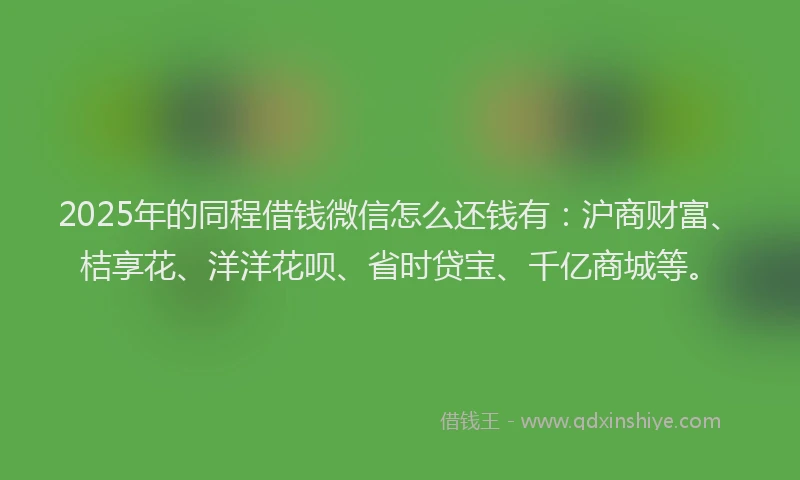2025年的同程借钱微信怎么还钱有：沪商财富、桔享花、洋洋花呗、省时贷宝、千亿商城等。